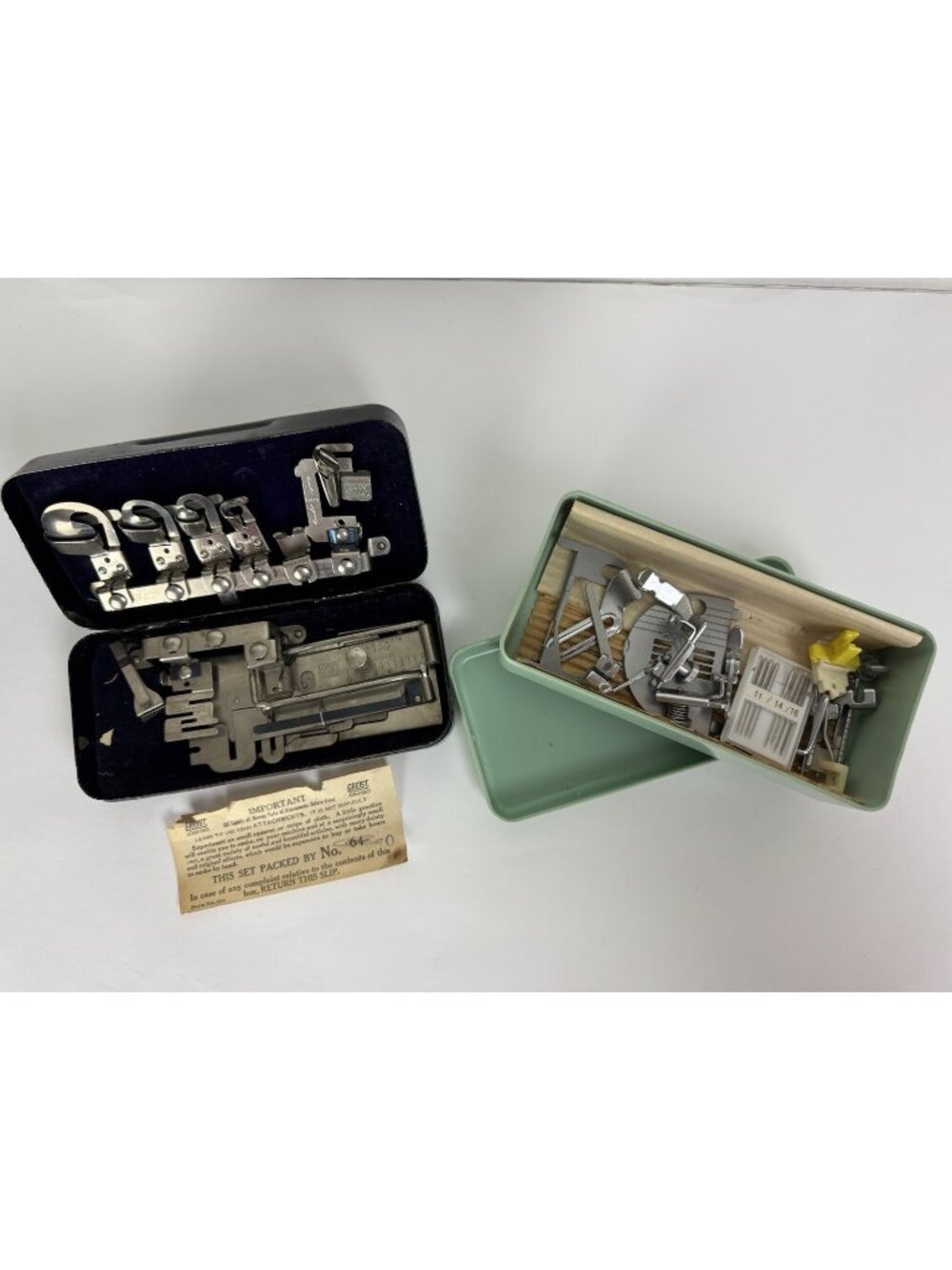 Greist Sewing Machine Attachments w Original Metal Box & Other Parts vintage